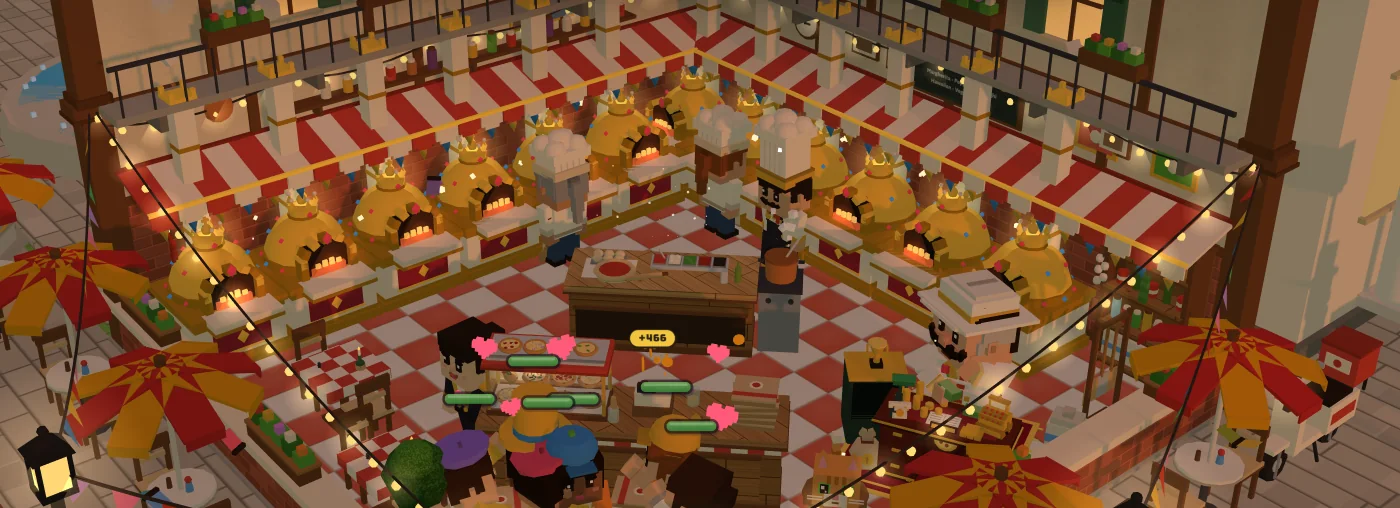 A Pizza Rush pizzeria at sunset, with chefs at a row of ovens and customers crowding the counter